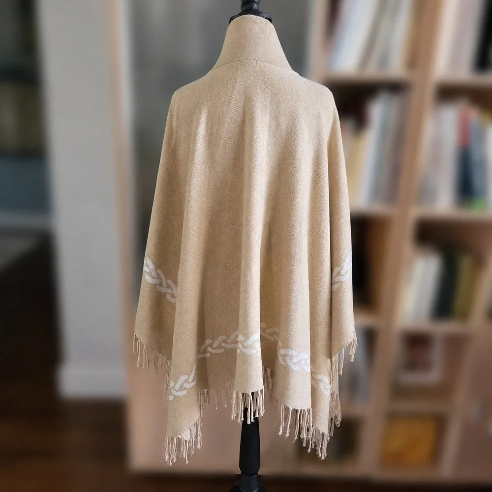 J.McLaughlin Tan Beige Mock Neck Fringe Poncho Chain Link Border One Size